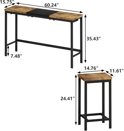 4 Piece Modern Design Kitchen Dining Table,1 Bar Table and Small Kitchen Table Set for 3,Wooden Counter Height Table Set for Kitchen,Convenient Hanging Stool Design,Dining Room Island Table (Natural)