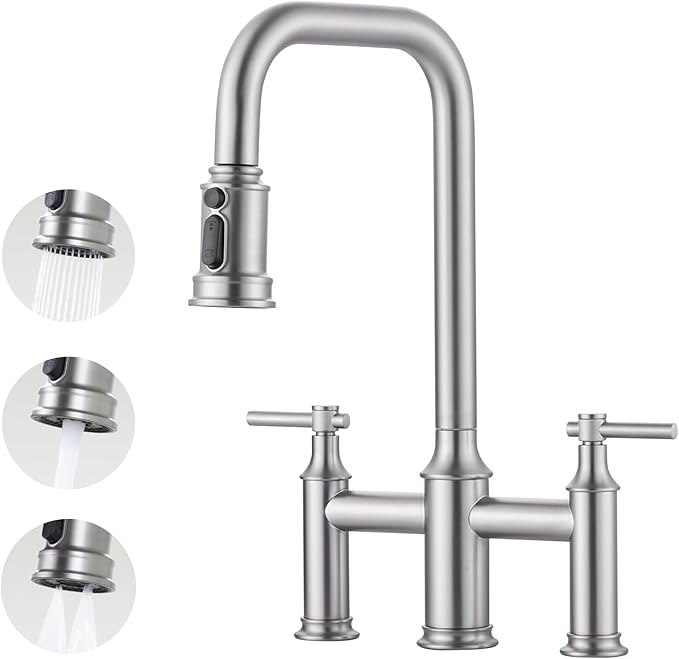 Bridge Kitchen Faucet Brushed Nickel: 3 Hole Solid Brass Farmhouse Kitchen Sink Faucet with Pull Down Sprayer, 2 Handle 8 Inch Centerset High Arched Faucet with 360° Swivel Spout