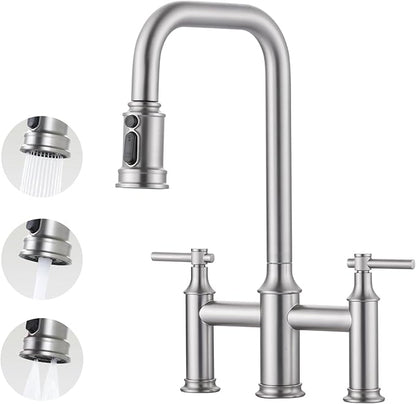 Bridge Kitchen Faucet Brushed Nickel: 3 Hole Solid Brass Farmhouse Kitchen Sink Faucet with Pull Down Sprayer, 2 Handle 8 Inch Centerset High Arched Faucet with 360° Swivel Spout