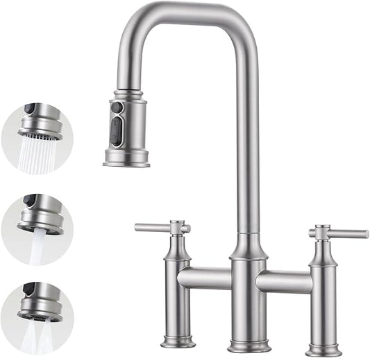 Bridge Kitchen Faucet Brushed Nickel: 3 Hole Solid Brass Farmhouse Kitchen Sink Faucet with Pull Down Sprayer, 2 Handle 8 Inch Centerset High Arched Faucet with 360° Swivel Spout