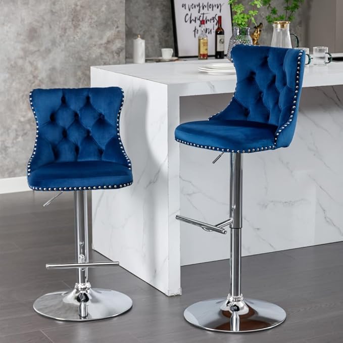 17.7 inch Base, Modern Upholstered Bar Stools with Backs Comfortable Tufted for Home Pub and Kitchen Island,Gray,Set of 2 (Blue + Velvet + Foam-2)