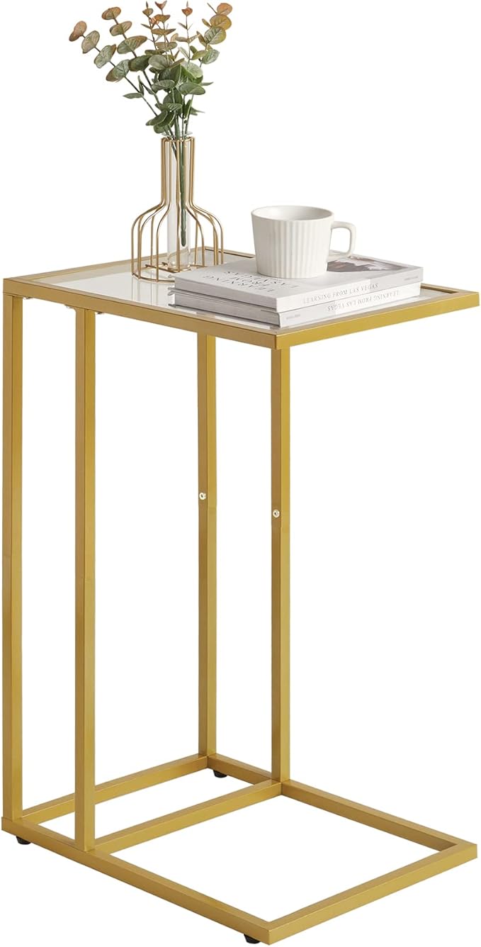 YMYNY C-Shaped End Table, Tempered Glass Sofa Side Table, TV Tray CouchTable That Slide Under for Small Space, Coffee Table for Hallway Office Bedroom Living Room, Metal Frame, Gold, UHGD001G