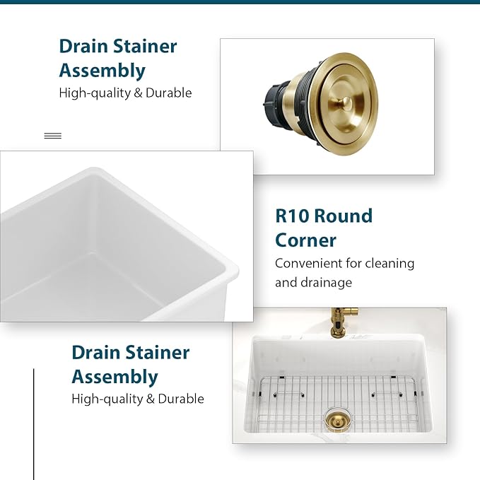 White Undermount Kitchen Sink 27 Inch Fireclay Porcelain Pure White Kitchen Sink 27"x19"x10" Dual Mount Single Bowl Glossy - Gold Drain