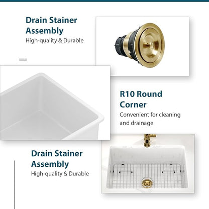 White Undermount Kitchen Sink 27 Inch Fireclay Porcelain Pure White Kitchen Sink 27"x19"x10" Dual Mount Single Bowl Glossy - Gold Drain