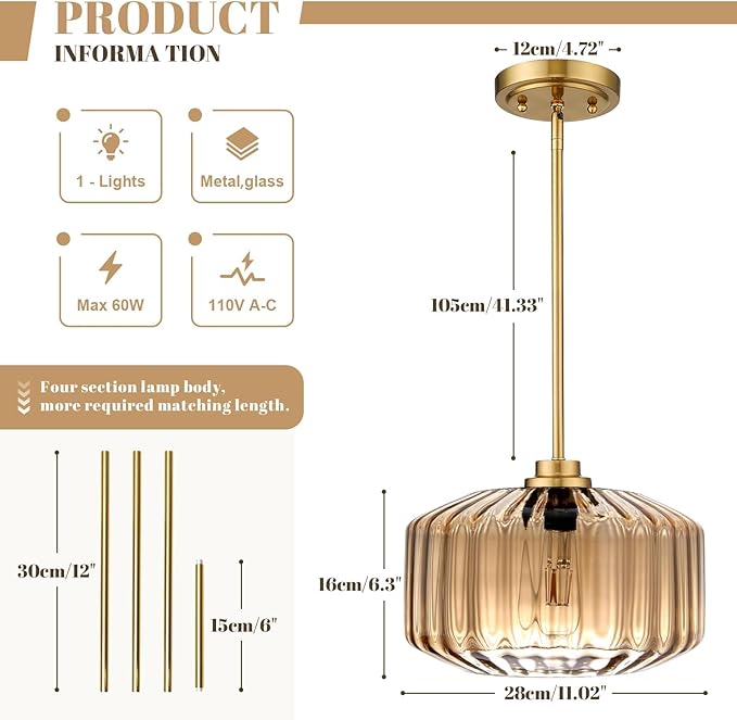 Modern Gold Pendant Light Mid-Century Chandelier for Dining Room, Amber Stripe Glass Shade, Adjustable Height Hanging Lamp for Breakfast Nook Bedroom Dining Room Living Room