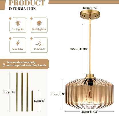 Modern Gold Pendant Light Mid-Century Chandelier for Dining Room, Amber Stripe Glass Shade, Adjustable Height Hanging Lamp for Breakfast Nook Bedroom Dining Room Living Room