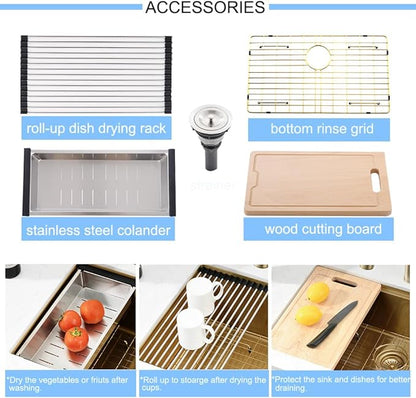 30 Inch Undermount Gold Kitchen Sink, Workstation 16 Gauge Stainless Steel Single Bowl Undermount Deep Kitchen Sink Basin