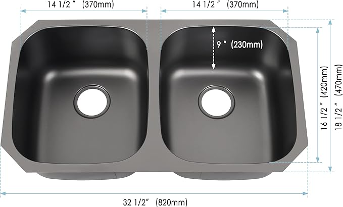 LQS 32 Inch Black Kitchen Sink, Double Bowl Kitchen Sink, Undermount Kitchen Sink Stainless Steel, Black Oval Kitchen Sink with Sleek Roun Corner for Easy Cleaning and Two Sink Strainers