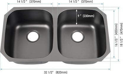 LQS 32 Inch Black Kitchen Sink, Double Bowl Kitchen Sink, Undermount Kitchen Sink Stainless Steel, Black Oval Kitchen Sink with Sleek Roun Corner for Easy Cleaning and Two Sink Strainers
