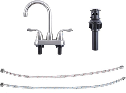 Brushed Nickel Bathroom Sink Faucet, 2 Handle 4 Inch Centerset Bathroom Faucet, 3 Hole Small Bathroom Sink Faucet with Supply Lines and Pop-up Drain, RV faucets for Camper Lavatory Vanity