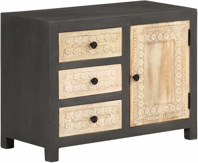Modern Grey and White Sideboard, Solid Mango Wood, 29.5" Rectangular Buffet Cabinet with Soft-Close Drawers, Ample Storage for Dining Room, Living Room Furniture Kitchen Furnitur