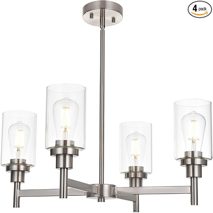VINLUZ 4 Light Modern Chandelier Brushed Nickel Pendant Lighting Clear Glass Shades Contemporary Ceiling Light Fixtures for Dining Room Kitchen Living Room