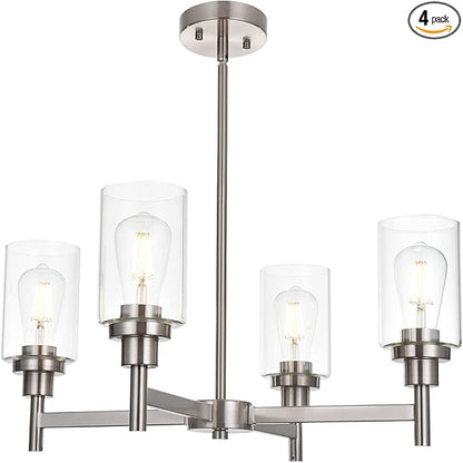VINLUZ 4 Light Modern Chandelier Brushed Nickel Pendant Lighting Clear Glass Shades Contemporary Ceiling Light Fixtures for Dining Room Kitchen Living Room