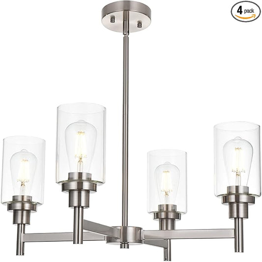 VINLUZ 4 Light Modern Chandelier Brushed Nickel Pendant Lighting Clear Glass Shades Contemporary Ceiling Light Fixtures for Dining Room Kitchen Living Room