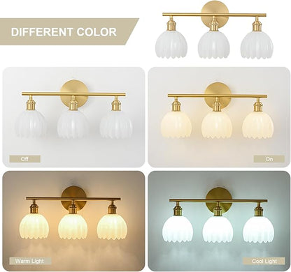 Gold Bathroom Light Fixtures Over Mirror, 3 Light Bathroom Vanity Light Fixture with Tulip Milk White Glass Lampshade, Vintage Vanity Lights for Bathroom, Bathroom Vanity Lights Over Mirror
