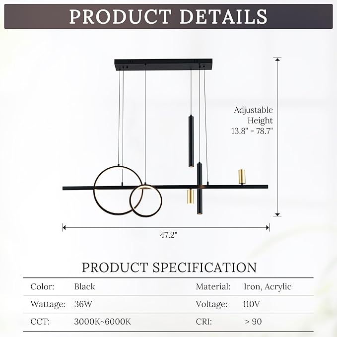 Modern Black LED Dining Room Light Fixture with Remote Control, 47" 36W 3-Color Temp Stepless Dimmable Island Pendant Lights, Hanging Adjustable Linear Chandelier for Kitchen Bar