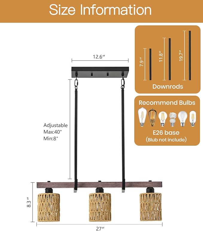 3-Light Kitchen Island Light Fixture, Linear Chandelier for Dining Room, Rustic Pendant Light Over Table, Handmade Woven Farmhouse Wicker Chandelier, Dark Wood Finish for Kitchen Island