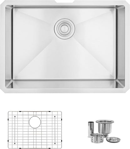 Stylish Undermount Kitchen Sink 25 x 18 Inch 16G Stainless Steel Sink 10mm Radius Corners Single Bowl Kitchen Sinks with Bottom Grid and Luxury Basket Strainer, S-312XG