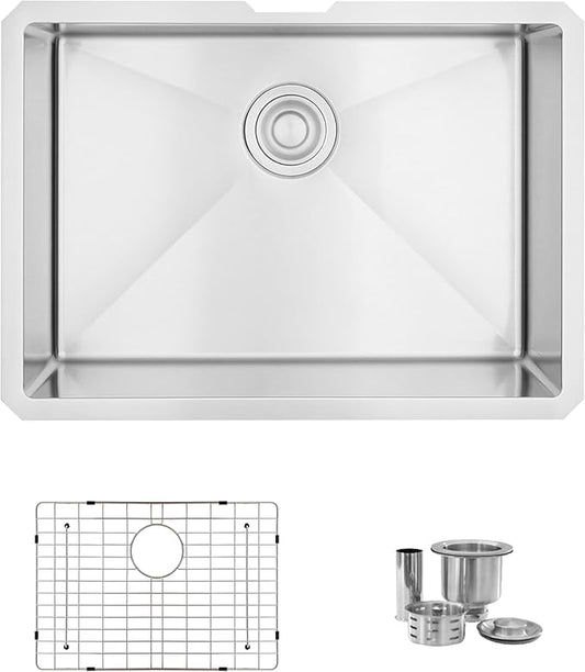 Stylish Undermount Kitchen Sink 25 x 18 Inch 16G Stainless Steel Sink 10mm Radius Corners Single Bowl Kitchen Sinks with Bottom Grid and Luxury Basket Strainer, S-312XG
