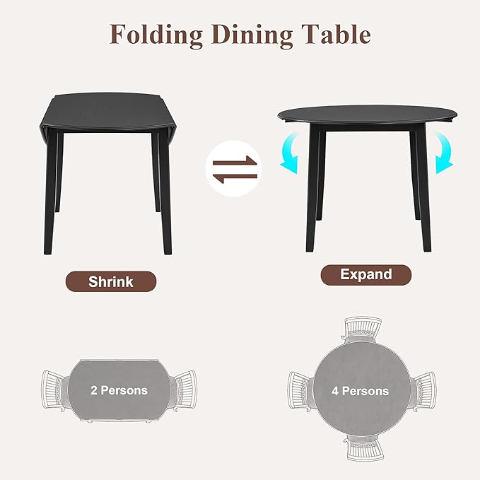 Merax 5-Piece Drop Leaf Round Dining Table Set for 4, Farmhouse Kitchen Table Set with Extendable Round Table and 4 Upholstered Chairs. Wood Table and Chairs Set for Dining Room, Living Room, Black