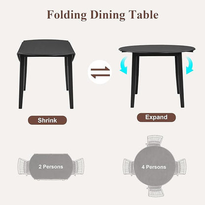 Merax 3-Piece Drop Leaf Round Dining Table Set for 2, Farmhouse Kitchen Table Set with Extendable Round Table and 2 Upholstered Chairs. Wood Table and Chairs Set for Dining Room, Living Room, Black