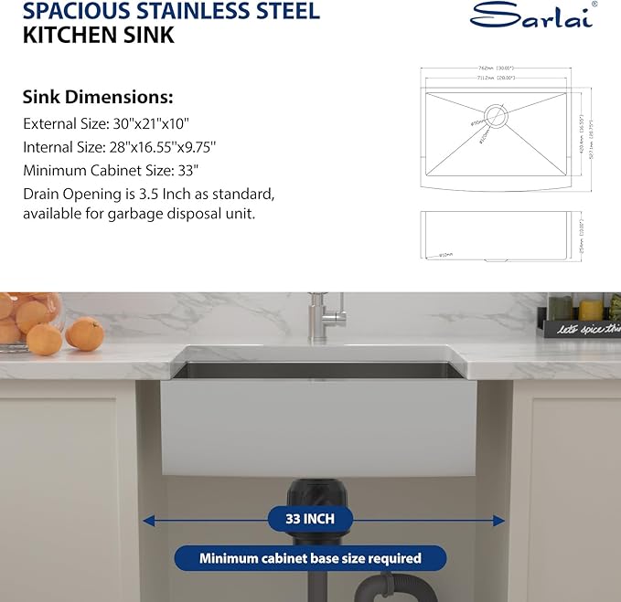 Sarlai 30 Farm Sink Stainless Steel - 30x21 Inch Farmhouse Kitchen Sink Apron Front Farmer Farm Style Stainless Steel 16 Gauge Single Bowl Kitchen Farm Sink Basin with Drain Strainer