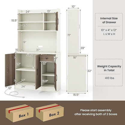 Giantex 71" Buffet Hutch Cabinet with Power Outlet, Kitchen Hutch Sideboard, Buffet Pantry on Island, Wood Kitchenware Server with Drawer, Shelf and Storage Cabinet (White & Walnut)