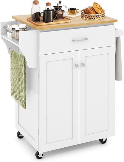 Giantex Kitchen Island with Storage, Rolling Island Table with Cabinet, Adjustable Shelf, Drawer, Towel Rack & Spice Rack, Small Bar Kitchen Cart On Wheels for Living Dining Room, White