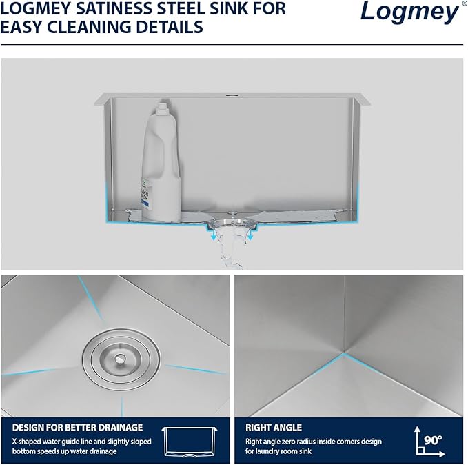 Logmey 22x22 Drop in Laundry Sink 22 Inch Laundry Room 12" Deep Sinks Handmade 16 Gauge Heavy Duty Stainless Steel Large Capacity Utility Washing Tub for Home & Commercial Use