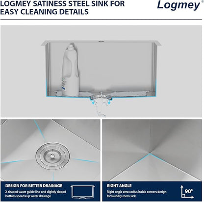 Logmey 22x22 Drop in Laundry Sink 22 Inch Laundry Room 12" Deep Sinks Handmade 16 Gauge Heavy Duty Stainless Steel Large Capacity Utility Washing Tub for Home & Commercial Use