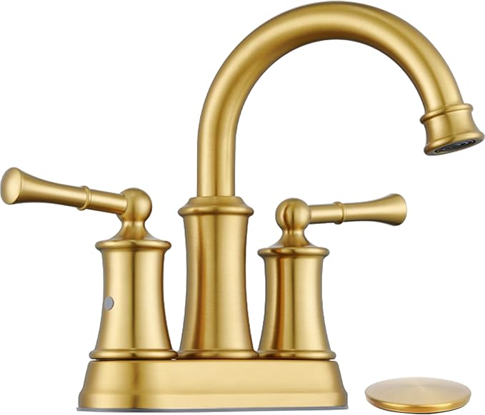 Brushed Gold 4 inch Centerset Bathroom Faucet, 2 Handle Bathroom Faucet 3 Hole, Antique Brass Bathroom Faucet with Pop Up Drain Supply Hose for Vanity Lavatory RV Farmhouse(L2303-BG)