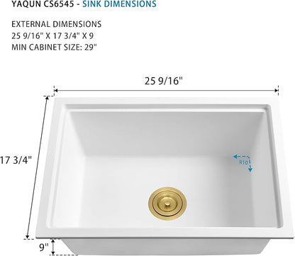 White Undermount Kitchen Sink 25 Inch - Drop In Granite Quartz Composite Workstation Sink - Deep Single Bowl,Dual Mount,with Accessories(White, 25.59" X 17.72")