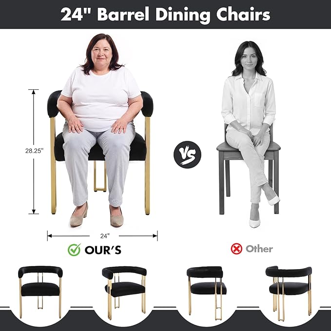 Hyfirm Black and Gold Modern Dining Chairs Set of 2, Velvet Upholstered Barrel Armchairs with Metal Legs for Kitchen Island, Mid Century Accent Chairs for Dining Room Living Room, Open-Back
