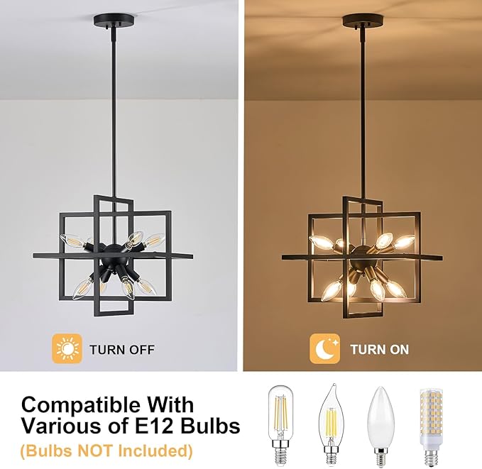 Small Modern Lantern Chandeliers, Geometric Black Pendant Lighting, 8-Light Industrial Hanging Chandelier Light Fixture for Dining Room, Kitchen, Bedroom, Foyer, Entryway, Farmhouse UL Listed