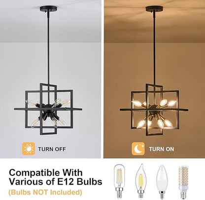 Small Modern Lantern Chandeliers, Geometric Black Pendant Lighting, 8-Light Industrial Hanging Chandelier Light Fixture for Dining Room, Kitchen, Bedroom, Foyer, Entryway, Farmhouse UL Listed