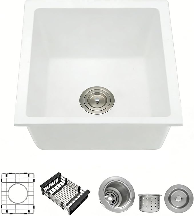 MILOSEN White Bar Sink 13×15 Inch, Undermount Wet Bar Prep Sink for RV Kitchen, Single Bowl Granite Composite Design with Custom Accessories, 9'' Deep White Quartz Small Bar Sinks