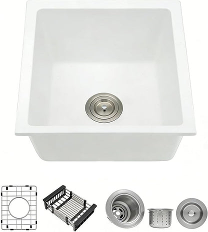 MILOSEN White Bar Sink 13×15 Inch, Undermount Wet Bar Prep Sink for RV Kitchen, Single Bowl Granite Composite Design with Custom Accessories, 9'' Deep White Quartz Small Bar Sinks