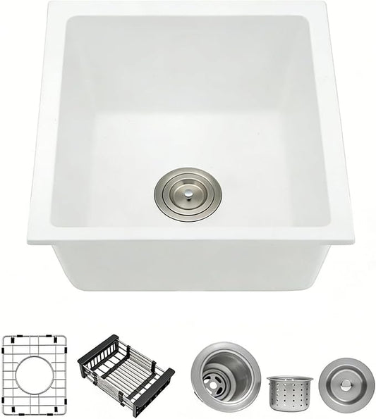 MILOSEN White Bar Sink 13×15 Inch, Undermount Wet Bar Prep Sink for RV Kitchen, Single Bowl Granite Composite Design with Custom Accessories, 9'' Deep White Quartz Small Bar Sinks