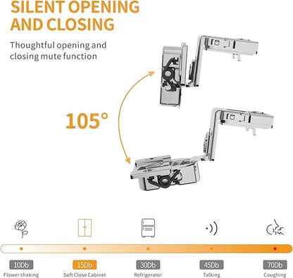 Chibery 50 Pack 1-1/2" Overlay 4D Soft Close Concealed Hinges for Face Frame Door, Adjustable Closing Speed, Smooth Slow Self Close Hinges, Satin Nickel, 105° Open Angle Stainless Steel Cabinet Hinges