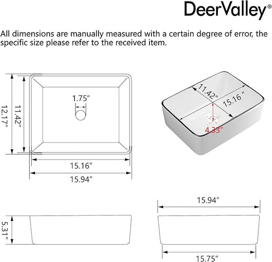DeerValley Liberty 16x12 Inch Rectangular Vessel Sink, White Ceramic Bathroom Sink with Black Striped Border, Above Counter Basin, DV-1V0317