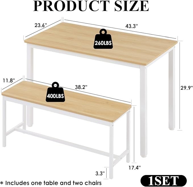 Dining Table Set for 4, Small Kitchen Set with 2 Benches, Kitchen Table with Metal Frame and Adjustable Feet, 3-Piece Dining Room Set for Breakfast Nook and Small Space, White