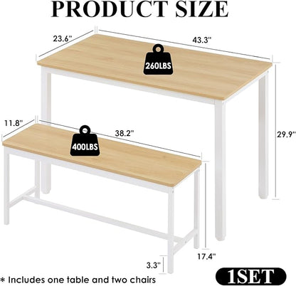 Dining Table Set for 4, Small Kitchen Set with 2 Benches, Kitchen Table with Metal Frame and Adjustable Feet, 3-Piece Dining Room Set for Breakfast Nook and Small Space, White