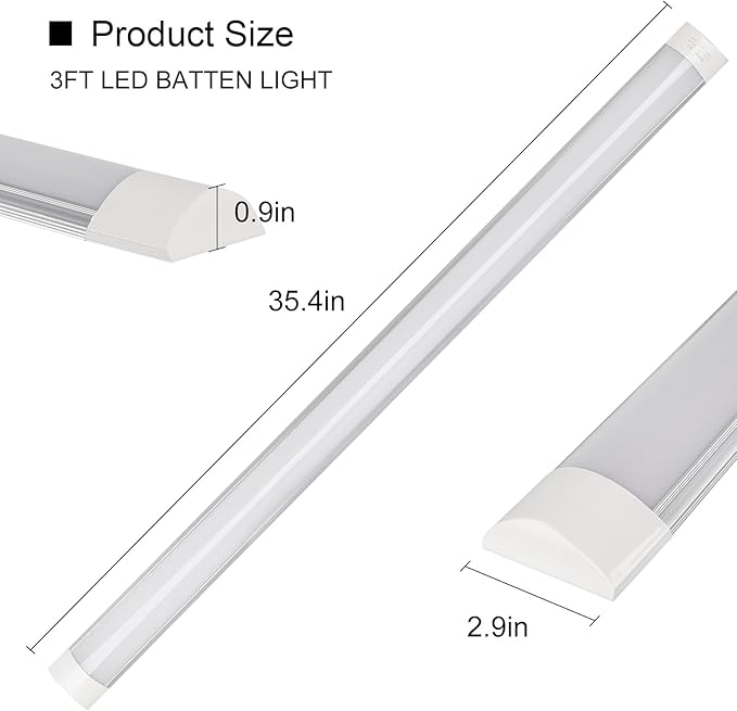 2-Pack 3FT LED Batten, Close to Ceiling Light fixtures, 30W, Ultra-Thin Day Light, 4000K, IP20, LED Ceiling Light for Garage, Stores, Warehouse, Office, Corridor, supermarkets, etc.