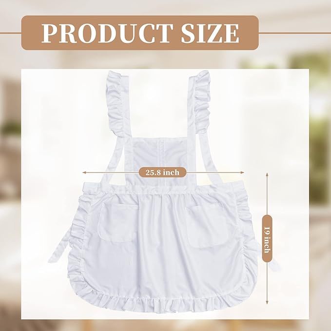 Geyoga Aprons for Women with Pockets Kitchen Cooking Waitress Maid Apron Vintage Skirt Cute Ruffle Dress Costume(White,Long Style)