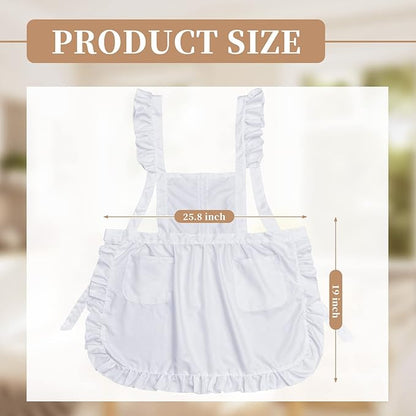 Geyoga Aprons for Women with Pockets Kitchen Cooking Waitress Maid Apron Vintage Skirt Cute Ruffle Dress Costume(White,Long Style)