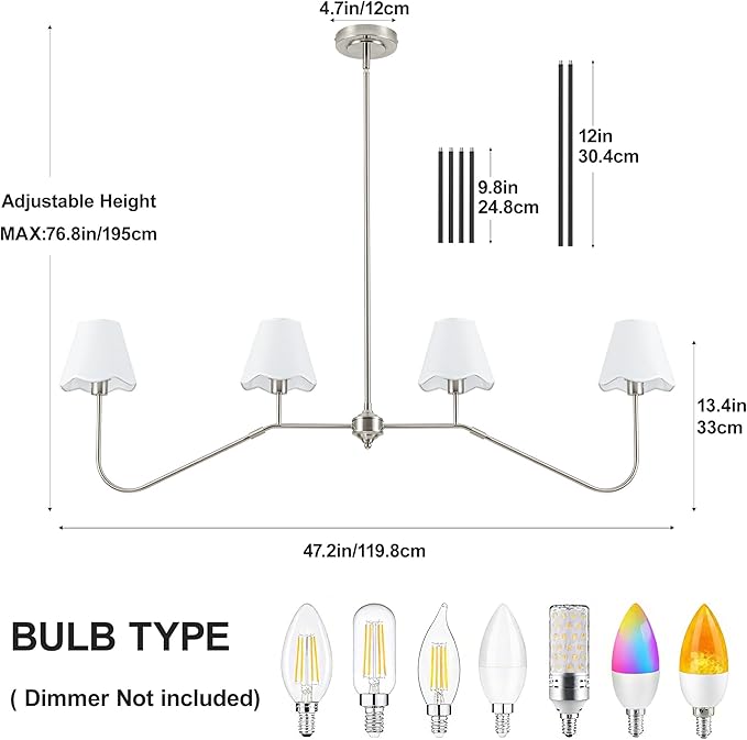 MAYNA 47" Contemporary Brushed Nickel Kitchen Island Chandelier, 4-Light Kitchen Table Light Fixture Over Island, Adjustable Hanging Linear Light Fixture for Dining Room, E12 Base