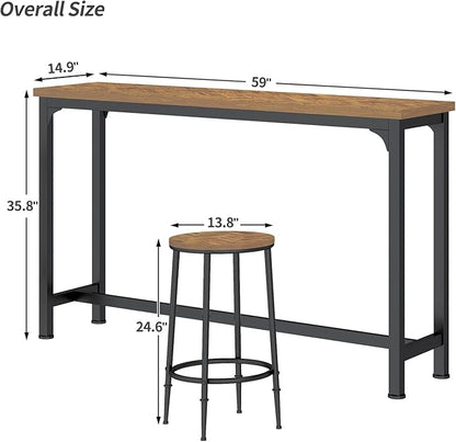 HOMYSHOPY Bar Table Set for 3, 4 Piece Console Table with 3 Stools, Counter Height Sofa Table Set with 3 Chairs for Breakfast Nook, Living Room and Apartment (Brown)