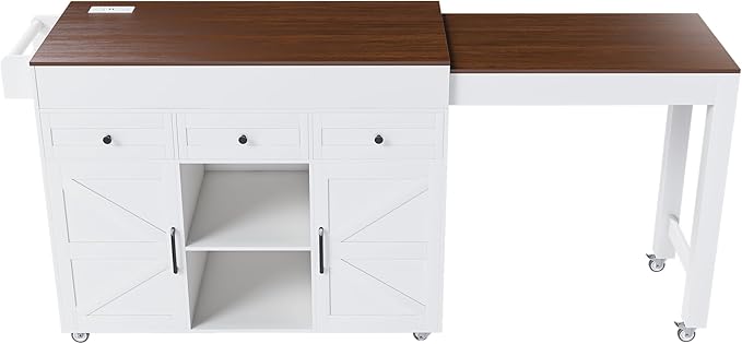 74.8" Kitchen Island with Extendable Dining Table & Power Outlet, Rolling Storage Cart on Wheels with 3 Drawers & 2-Door Cabinet for Dining Room, White
