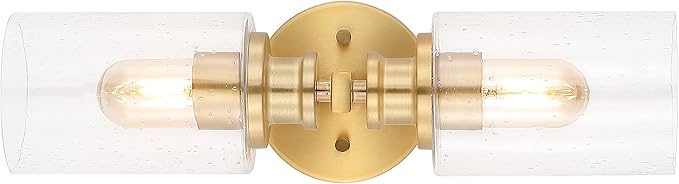 JONATHAN Y 16.5" Brass Gold 2-Light LED Wall Sconce, Modern Farmhouse Vanity Light with Seeded Glass Shade, Industrial Iron Fixture for Bathroom Mirror, LED Bulbs Included (JYL7577E)