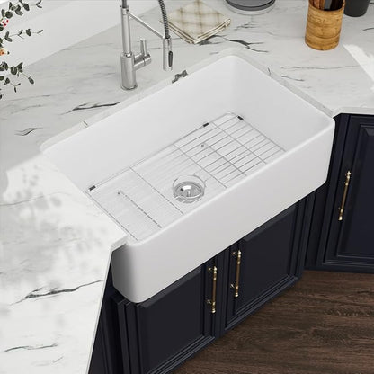 White Farmhouse Sink 33 Inch - Kichae Farm Sink 33x20 Inch Flat White Apron Front Ceramic Porcelain Fireclay Single Bowl Farmer Basin